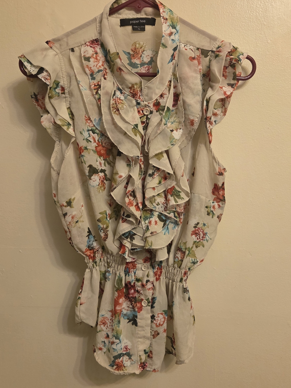 Vintage Style Floral Ruffle Top XL Sheer Boho Romantic Coquette Cinch Waist